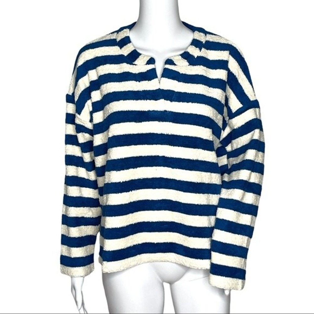 Madewell Sweatshirt Women‎ Small Loop Terry Notch Blue White Stripe Dark Lagoon